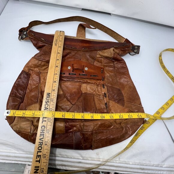Vintage Patchwork Leather Purse Bag O Ring Shoulder Brown Boho Hippie Tan - Picture 7 of 11